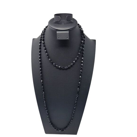 Vintage Signed Austrian Black Glass Beaded Flapper Necklace Oblong Bicone Long - Picture 4 of 13